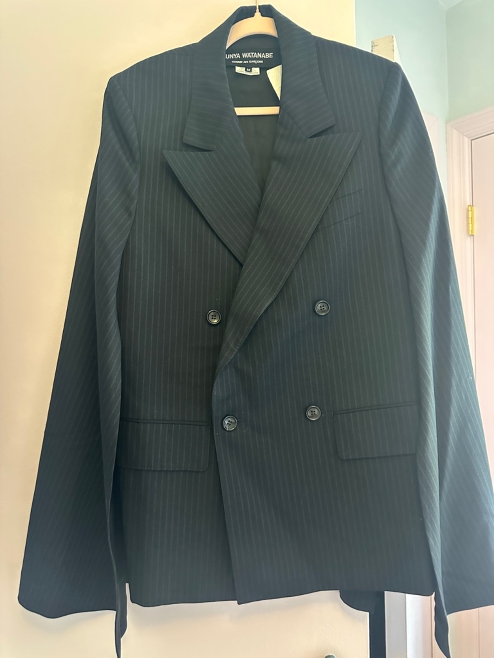 Comme des Garcons Navy Pinstripe Double-Breasted Blazer with cape